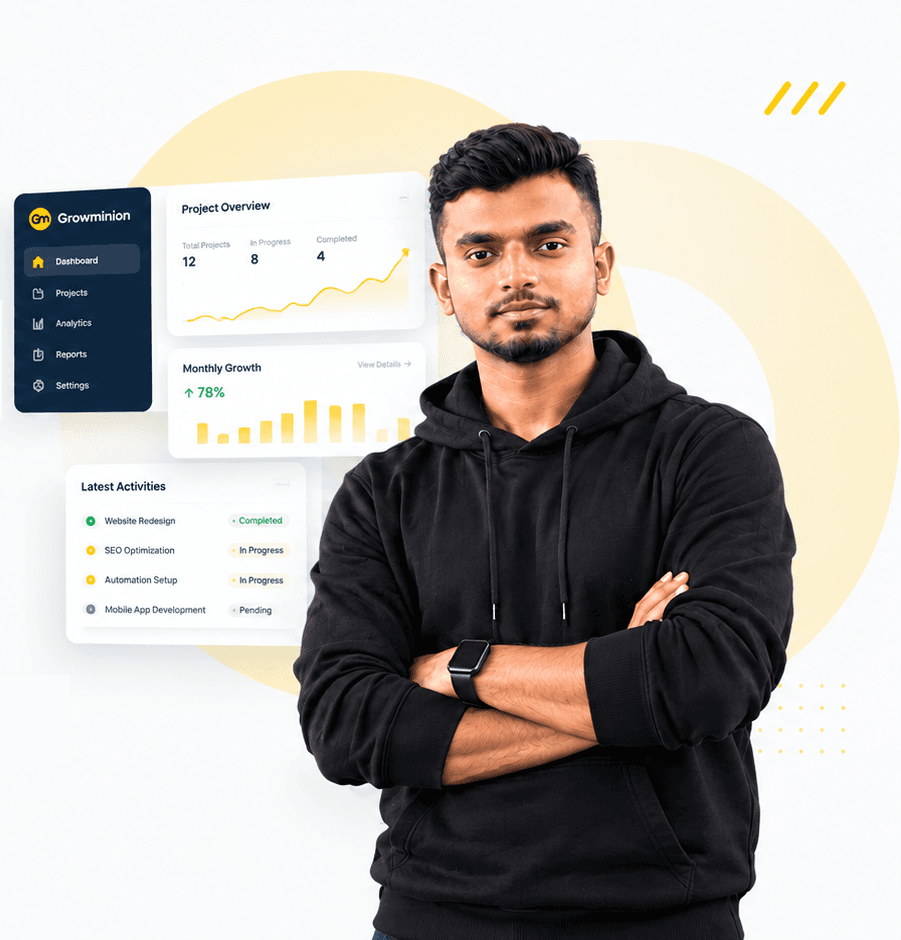 Sani with arms crossed beside a project overview dashboard