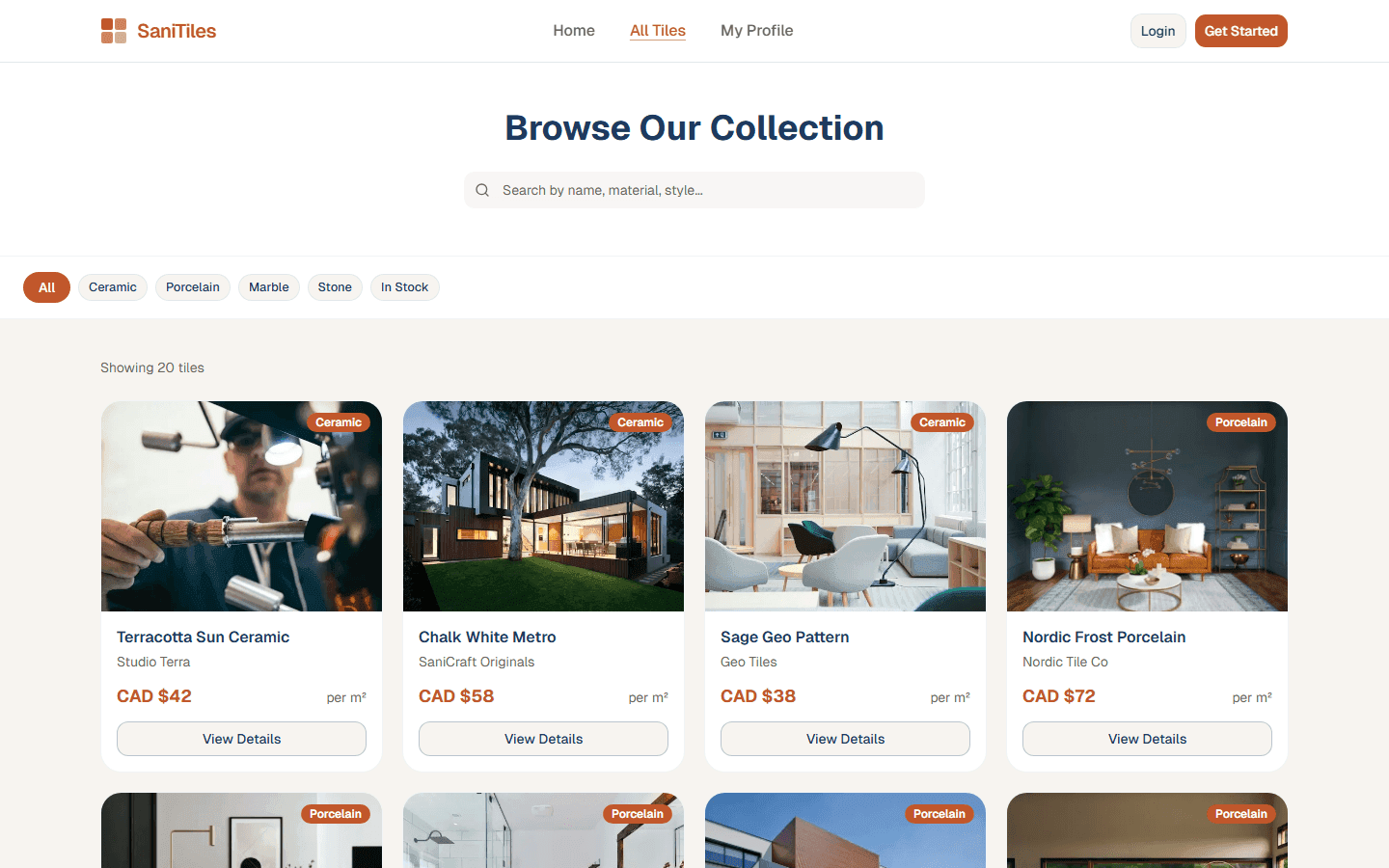 Screenshot of the Tiles Sales Website demo website